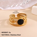 Adjustable golden stainless steel triple rope ring with black enamel heart center - Gold Twisted Rope Black Round Plate Style