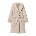Women's oatmeal hooded wool coat with belt and double-breasted buttons in mid-length fit - XS / Off White