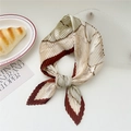 Pleated silk scarf with floral print and color blocking in cream, red and olive green - Large Brown Peony