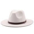 Detail of cream wool fedora hat with brown leather band and round metal badge - M (56-58cm) / Pure White