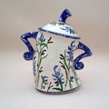 Ceramic storage jar with lid and hand-painted blue-green floral patterns and unique handles - Attitude Jar - Navy Blue (Floral Pattern) / Navy Blue