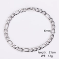 Detail shot of 6mm silver Figaro chain bracelet with 21cm length and 12g weight specs - Steel (6mm)
