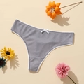 Grey breathable polyester thong with white trim and delicate bow accent on warm background - Dark Grey
