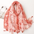 Red floral cotton linen scarf with tassels, lightweight bohemian summer pashmina wrap - Dark Red & Light Pink Vintage Floral (SL2302-037)