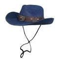 Navy blue straw western cowboy hat with vintage metal bull head and chin strap - M (56-58cm) / Navy Blue
