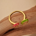 S925 sterling silver open ring with pink and green enamel and sparkling zircon gemstones - Size 14 (Open Adjustable) / 18K Gold
