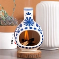 White ceramic Palo Santo holder with blue floral patterns on a wooden coaster - Blue and White Floral