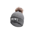 Detail of grey knit beanie featuring a MINI embroidered patch and a brown faux fur pompom - Kids (2-6Y) / MINI Style / Dark Gray