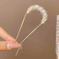 Épingle à cheveux en forme de U en métal doré avec perles d'imitation et cristaux - Perle Artificielle Creuse en Forme de U / Or