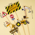 Construction theme cake toppers set with tractor crane and signs for boys birthday - Construction Roadblock Cake Toppers
