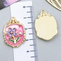 Pink and purple flower pendant with pearl, showing front and back view with scale - Rose Pink Gold-Sprinkled Pearl Purple Flower-23583