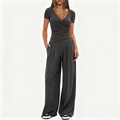 Detail of dark grey V-neck wrap top and high waist wide leg pants with side pockets - XS / T-Shirts / Dark Gray