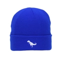 Detail of royal blue knitted beanie featuring a white dinosaur embroidery on ribbed fabric - 2-6 Years Old / Blue
