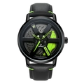 Montre jante de voiture avec bracelet cuir noir et surpiqûres vert vif et étriers - Vert