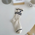 Creamy white ribbed mid-calf socks with cute rabbit embroidery and black stripes - One Size / Three Stripe Beige