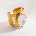 18K gold-plated cuff ring featuring a large oval iridescent white mother of pearl stone - R01023-Gold Mother of Pearl Dotted