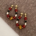 Ethnic vintage hoop earrings with agate, tiger eye stones and pearls on golden rings - Retro Agate Tiger's Eye Beaded Style / Silver Earring Post-Gold-Red