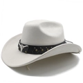 Close-up of white wool cowboy hat with black leather band and silver bull head badge - M (56-58cm) / Beige (Suede)