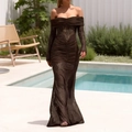 Detail of chocolate lace off-shoulder dress with elegant long sleeves and pleated texture - S / Brown