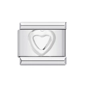 Close-up of silver stainless steel Italian charm link with a heart-shaped cutout detail - Silver Heart-Y027