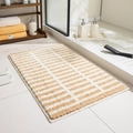 Striped checkered plush bedside rug in beige and white for bedroom or bathroom floor - 40x60cm / Mocha