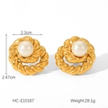 Detalle de pendientes de acero en espiral dorada de 18K con perla y dimensiones - Estilo de Perla con Cuerda Torcida(HC-E10167)