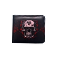 Slim bifold faux leather wallet with red skull print and geometric background on black base - Flame Skull