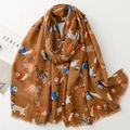 Brown lightweight cotton linen scarf featuring colorful cartoon cat prints and fringe - Brown