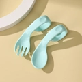 Light blue ergonomic curved spoon and fork set for toddler self-feeding training - Teal (Bagged)