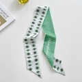 Green and white floral pattern twilly silk scarf with elegant art text for hair and bags - Double Bunch Lily of the Valley