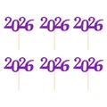 Lot de 6 décorations de gâteau 2026 à paillettes violettes avec bâtons en bois fete - Style 2 : 2026 / Lot de 6 / Violet