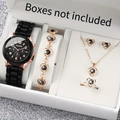 Elegant rose gold women's watch with black strap and heart jewelry set including necklace - Black Heart Rhinestone 5-Piece Set / Black Style
