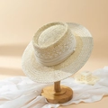 Flat top straw sun hat in beige with white ribbon on a wooden stand for vacation - M(56-58cm) / Beige