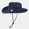 Detail of navy blue straw cowboy hat featuring metal rivets and adjustable wind rope - Navy Blue