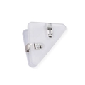 Close-up of a clear acrylic triangle corner paper clip with durable metal fasteners - Clear White