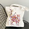 Floral cat canvas tote bag in beige with artistic flower pattern and sturdy handles - C8 Bloom Cat