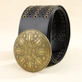 Black Y2K boho belt with large engraved bronze buckle and multi-row metal eyelets - 732 Style / Black