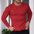 Men's slim fit red ribbed knit long sleeve T-shirt with vertical stripe texture - M / Red