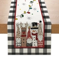 Christmas table runner with gnomes and reindeer print on black white plaid edge - 33cmx180cm / Gnome Snowman-Black White Plaid Edge(ZQ31-4)