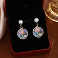 Pink rose floral earrings with blue enamel and pearl drop in gold finish - E7292/Rose Flower Enamel Pearl Earrings