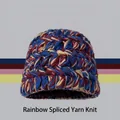Rainbow knit beanie hat with thick multi-color yarn for warm winter style - One Size / Neon Hat Blue