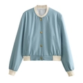 Detail of light blue bomber jacket featuring cream ribbed collar and gold snap buttons - S / Light Blue