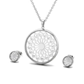 Silver 316L stainless steel jewelry set with hollow round crystal necklace and earrings - Round Hollow Floral Style (KS112588-KC)