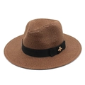 Close-up of brown straw fedora featuring a black ribbon and gold bee accent - M(56-58cm) / Brown