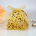Gold laser-cut wedding favor box with rose patterns and shimmering organza ribbon - Rose Hollow Out Style (XTH-94) / 50 Pieces/Pack (6*6*8CM) / Gold