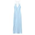 Light blue satin midi slip dress with V-neckline and slender straps on white background - XS / Light Blue