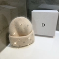 Bonnet en maille beige pour femme en poil de lapin orné de strass scintillants - Extensible / Rose