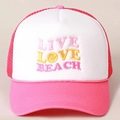 Pink and white trucker hat featuring Live Love Beach embroidery and mesh back - One Size / Rose Red
