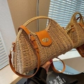 Khaki straw woven handbag with brown leather trim and metal lock for beach vacation - Brown