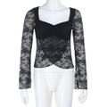 Close-up of black floral lace fabric with elegant square neck and ruched chest detail - XS / Black